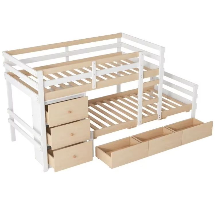 Oak 6-Drawer Twin over Twin Standard Bunk Kids Bed Double Size MDF Wood Style for Bedroom