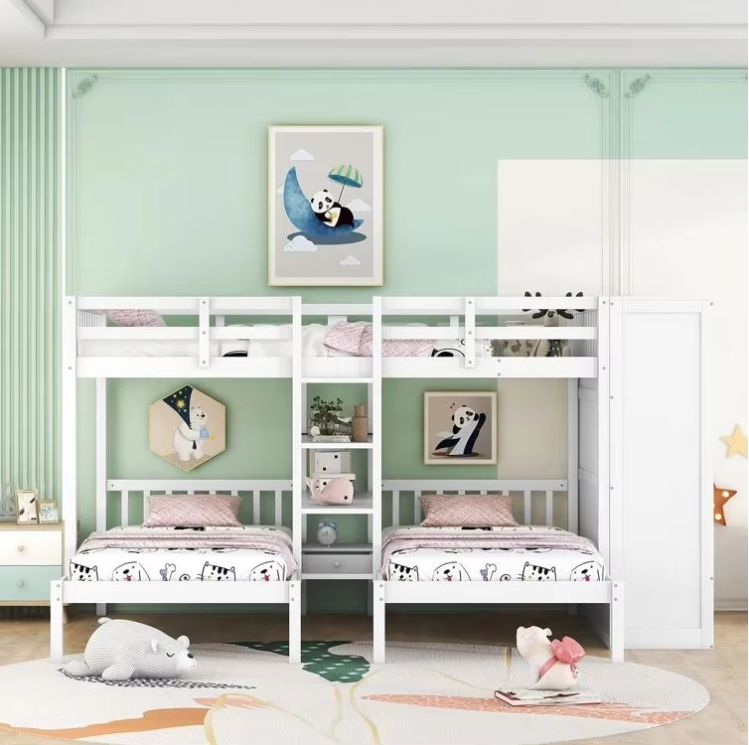 Modern Twin over Twin Full Bunk Bed with 3 Drawers Shelves Pine Wood Panel for Kids for School Hotel Hospital Outdoor Use