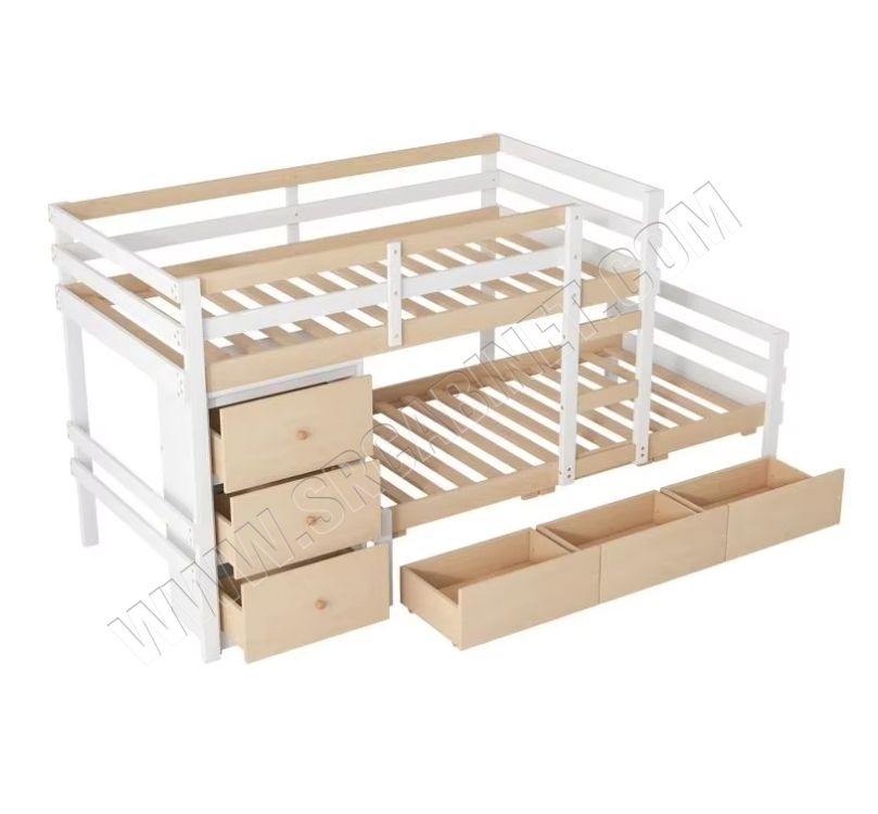 Oak 6-Drawer Twin over Twin Standard Bunk Kids Bed Double Size MDF Wood Style for Bedroom