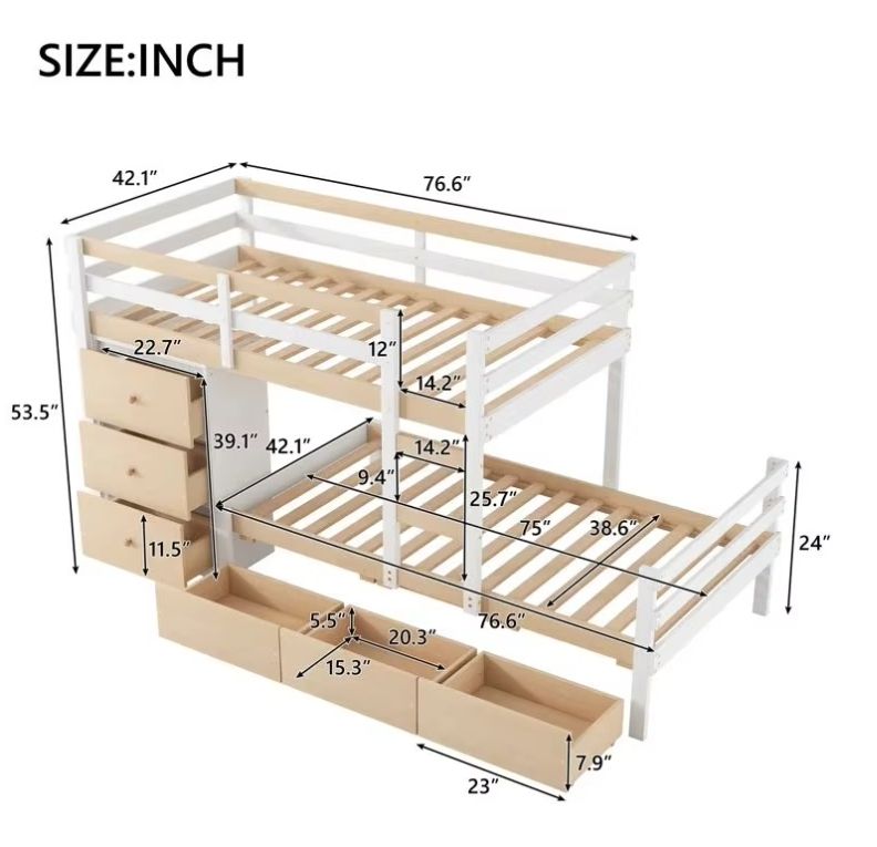 Oak 6-Drawer Twin over Twin Standard Bunk Kids Bed Double Size MDF Wood Style for Bedroom