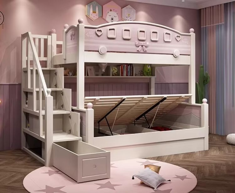 Bunk Bed Bed Modern Bedroom Furniture with Slide Funny Cheap Kids Blue M6 Pink OEM Wood Box Style Packing Color Design Material