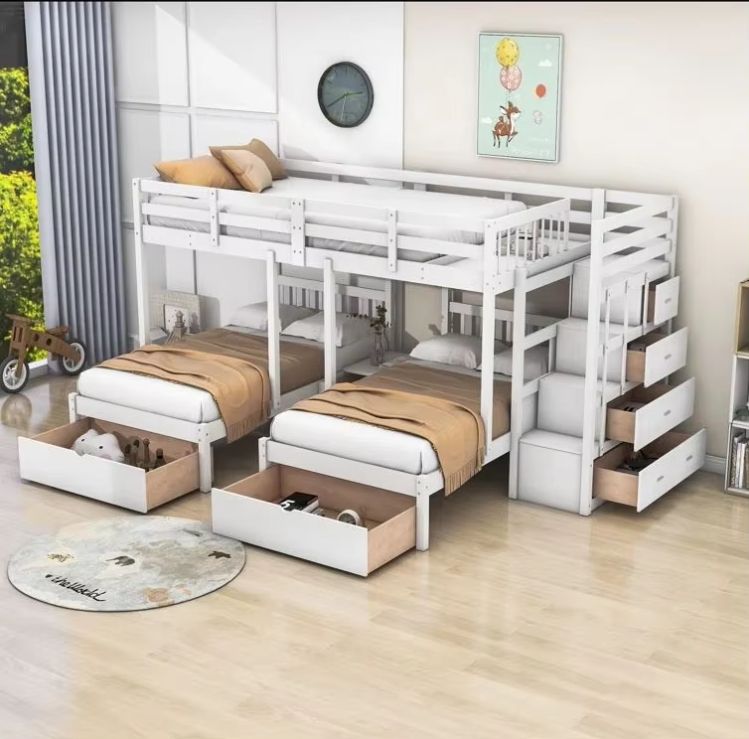 Modern Pine Wood Panel Twin over Twin Full Bunk Bed 3 Drawers Shelves Size Queen/Double Kids School Hotel Hospital Outdoor Use