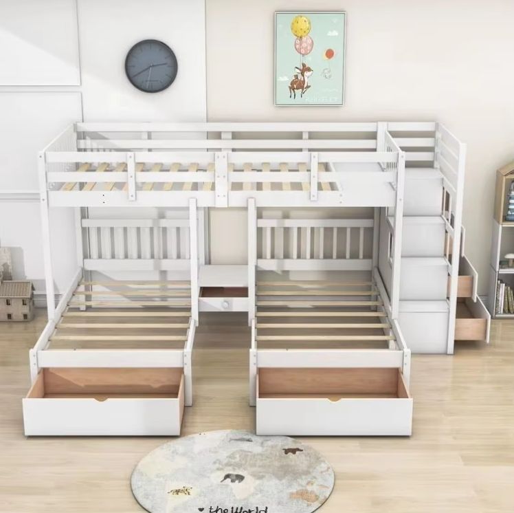 Modern Pine Wood Panel Twin over Twin Full Bunk Bed 3 Drawers Shelves Size Queen/Double Kids School Hotel Hospital Outdoor Use