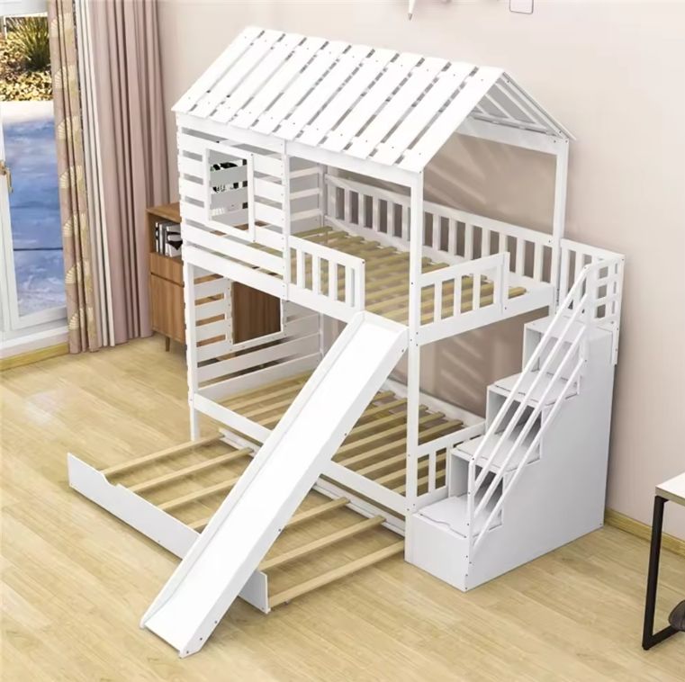 New Design Solid Pine White Wooden House Frame Loft Bunk Bed Kids Bunk Bed With Slide Ladder