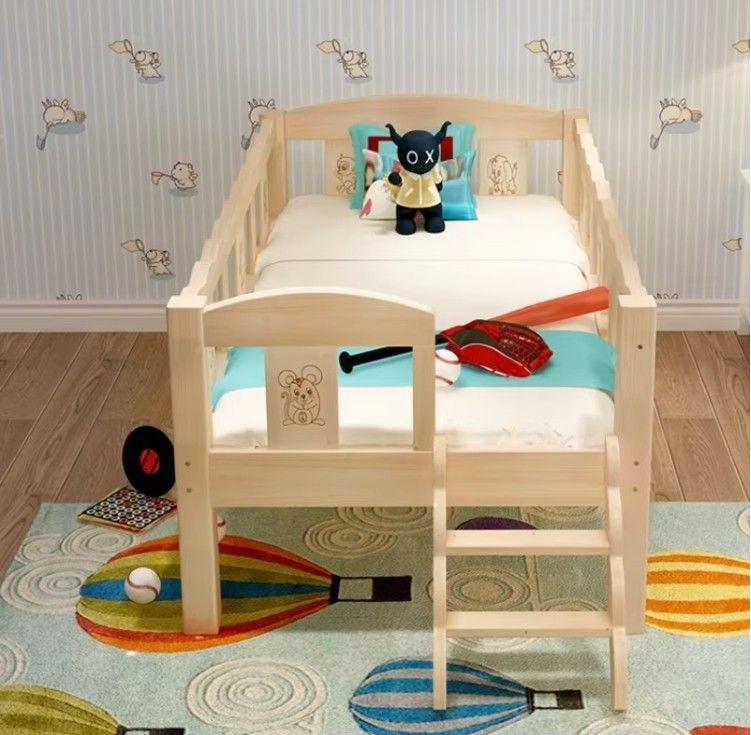 Solid Wood Pine Baby Bed with Guardrail Spliced Separate Toddler Bed with Sliding Slide for Boys and Girls