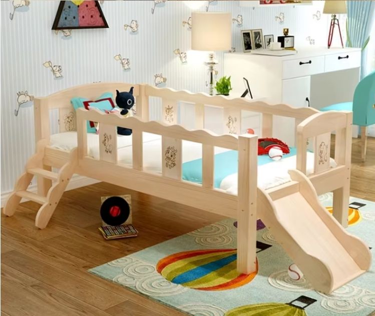 Solid Wood Pine Baby Bed with Guardrail Spliced Separate Toddler Bed with Sliding Slide for Boys and Girls