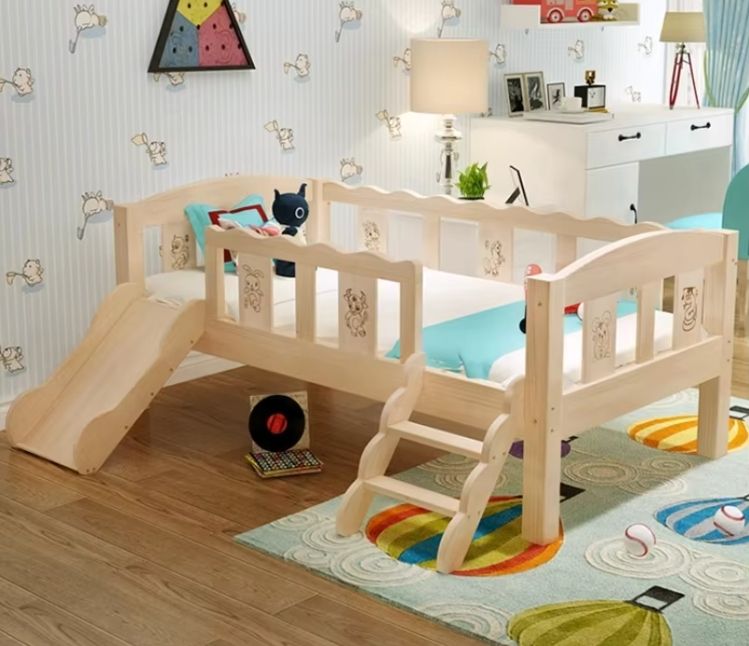Solid Wood Pine Baby Bed with Guardrail Spliced Separate Toddler Bed with Sliding Slide for Boys and Girls