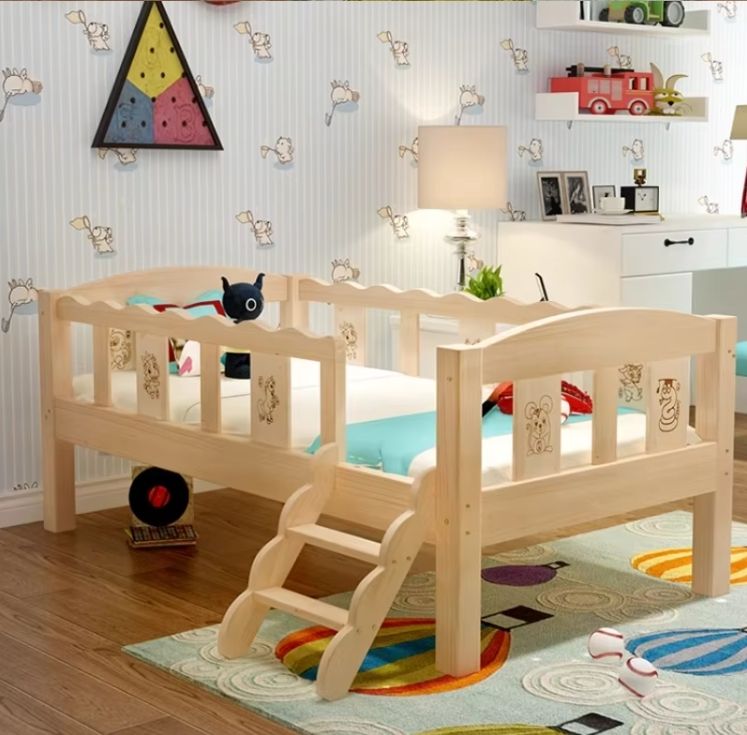 Solid Wood Pine Baby Bed with Guardrail Spliced Separate Toddler Bed with Sliding Slide for Boys and Girls