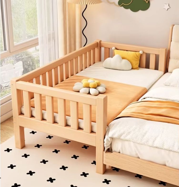 Children's Splicing Single Bed Pure Solid Wood Baby Bed for Boys and Girls Featuring a Princess-Themed Design