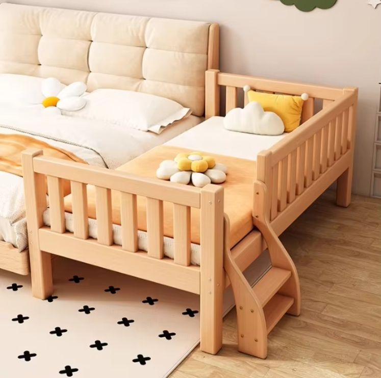 Children's Splicing Single Bed Pure Solid Wood Baby Bed for Boys and Girls Featuring a Princess-Themed Design