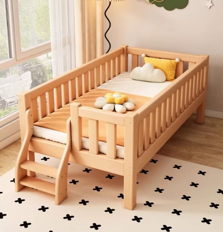 Children's Splicing Single Bed Pure Solid Wood Baby Bed for Boys and Girls Featuring a Princess-Themed Design