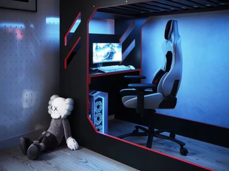 Modern Cool Kids Bedroom Bunk Bed Design Wooden High Sleeper Loft Bed with Gaming Table for Boys Hot Playroom Furniture Children