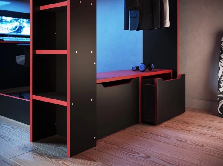Modern Cool Kids Bedroom Bunk Bed Design Wooden High Sleeper Loft Bed with Gaming Table for Boys Hot Playroom Furniture Children