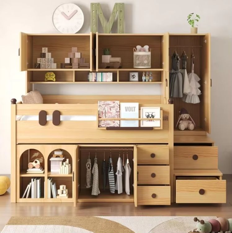 2024 New Solid Wood Half Height Bed Integrated Bunk Bed Wardrobe Boys Girls Space-Saving Storage Combination Small Kids' Beds