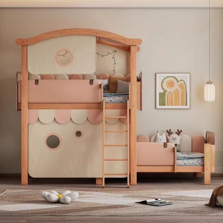 Solid Wood Magic Bed Children's Treehouse Bunk Bed with High and Low Roof Tent Bed