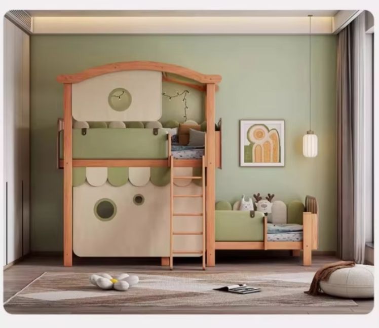 Solid Wood Magic Bed Children's Treehouse Bunk Bed with High and Low Roof Tent Bed