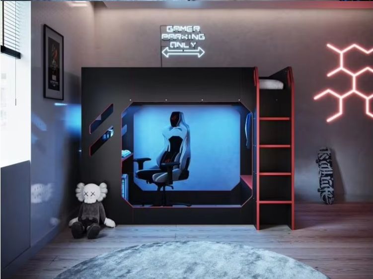Modern Cool Kids Bedroom Bunk Bed Design Wooden High Sleeper Loft Bed with Gaming Table for Boys Hot Playroom Furniture Children