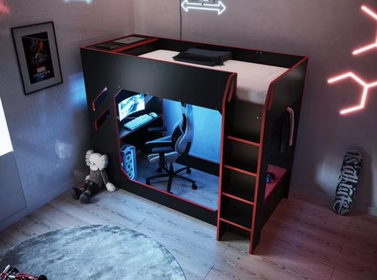 Modern Cool Kids Bedroom Bunk Bed Design Wooden High Sleeper Loft Bed with Gaming Table for Boys Hot Playroom Furniture Children