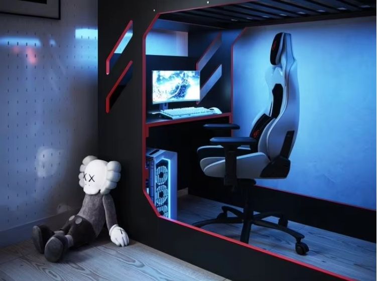 Modern Cool Kids Bedroom Bunk Bed Design Wooden High Sleeper Loft Bed with Gaming Table for Boys Hot Playroom Furniture Children