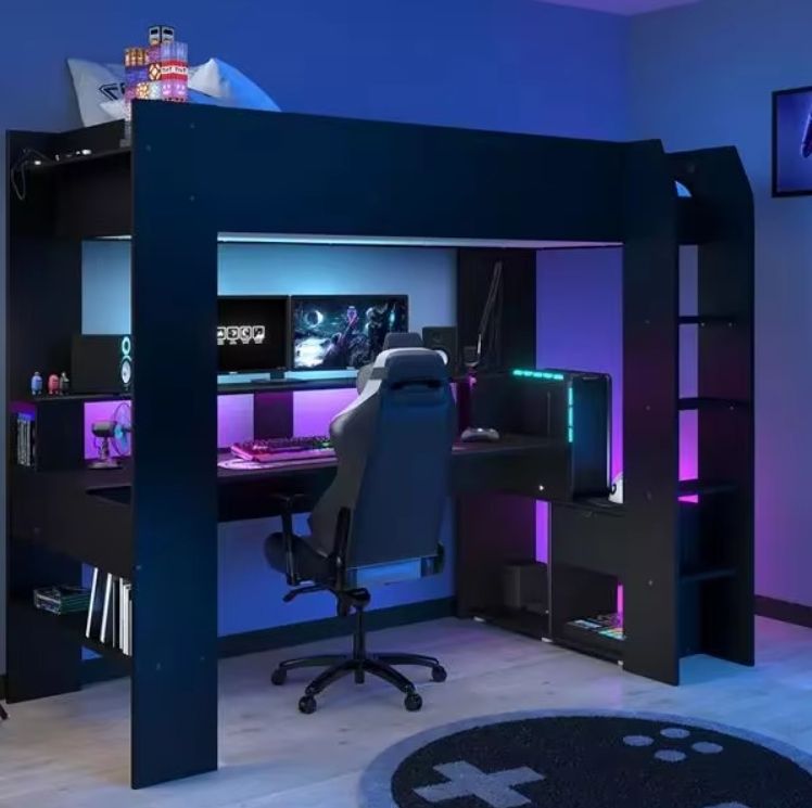 Cool Kids Bedroom Bunk Bed Design Wooden High Sleeper Loft Bed with Gaming Table for Boys Hot Playroom Furniture Children