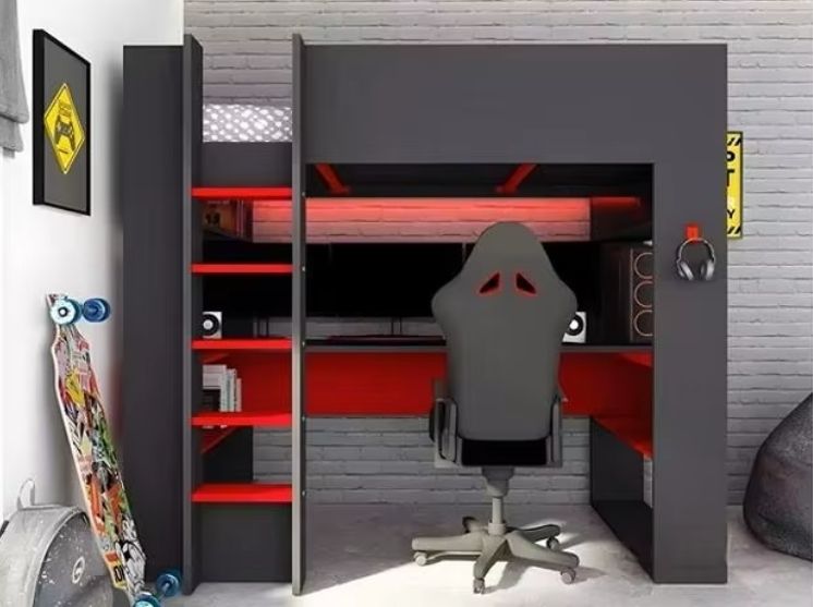 Cool Kids Bedroom Bunk Bed Design Wooden High Sleeper Loft Bed with Gaming Table for Boys Hot Playroom Furniture Children