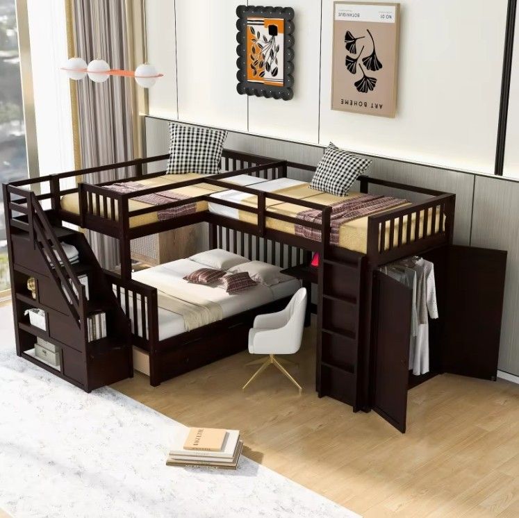 Twin-Twin over Full L-Shaped Bunk Bed with 3 Drawers Portable Desk and Wardrobe
