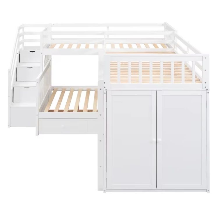 Twin-Twin over Full L-Shaped Bunk Bed with 3 Drawers Portable Desk and Wardrobe