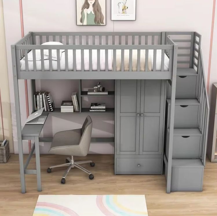 Multifunctional factory supply modern wooden loft bunk bed with desk and bookcase wardrobe for children