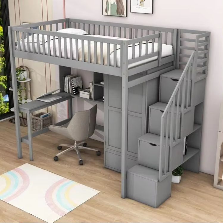 Multifunctional factory supply modern wooden loft bunk bed with desk and bookcase wardrobe for children