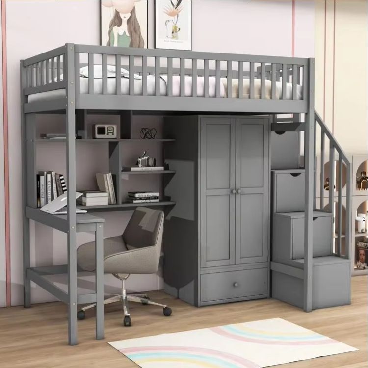 Multifunctional factory supply modern wooden loft bunk bed with desk and bookcase wardrobe for children