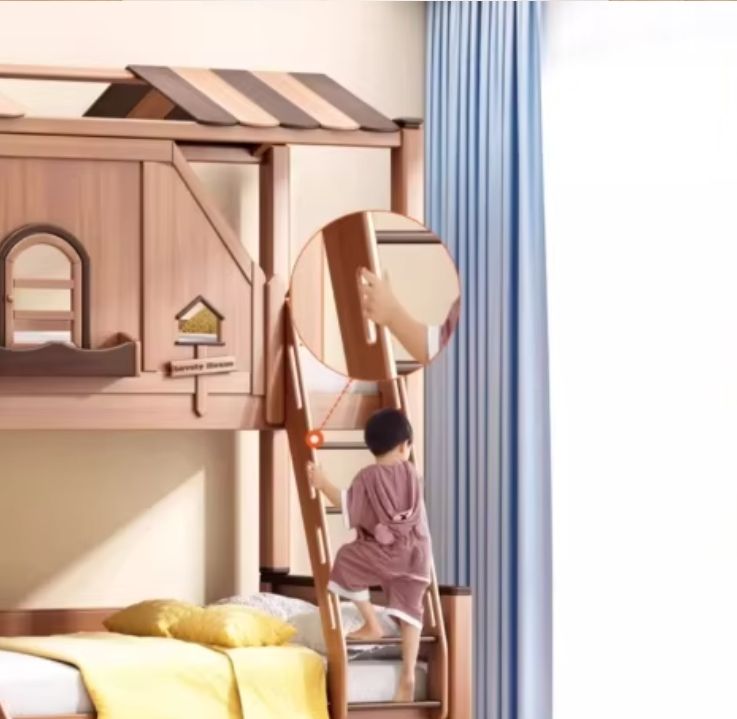 Solid Wood Children's Bunk Beds Top-Bottom Tree House Bed with Table for Home Bedroom or Park