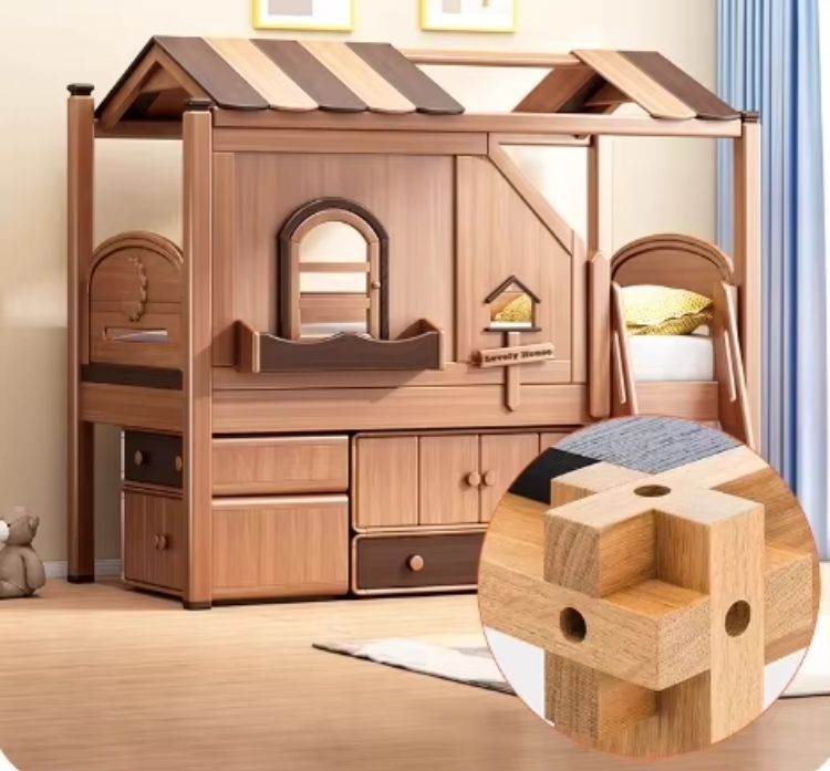 Solid Wood Children's Bunk Beds Top-Bottom Tree House Bed with Table for Home Bedroom or Park