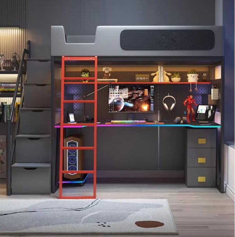 Children's Double-Decker Integrated Elevated Bed and Desk New Design for Bedroom Small Unit for Esports Room and Home Study