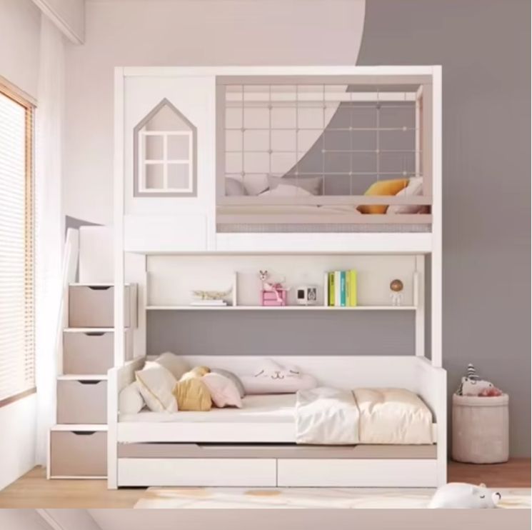 All Solid Wood High Guardrail Staggered Up/Down Bunk Bed with High/Low Trees Bed with Desk