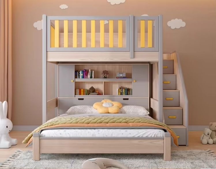 Solid Wood Interlocking Bunk Beds with Desks and Wardrobes Elevated Children's Beds with Combined Furniture Features