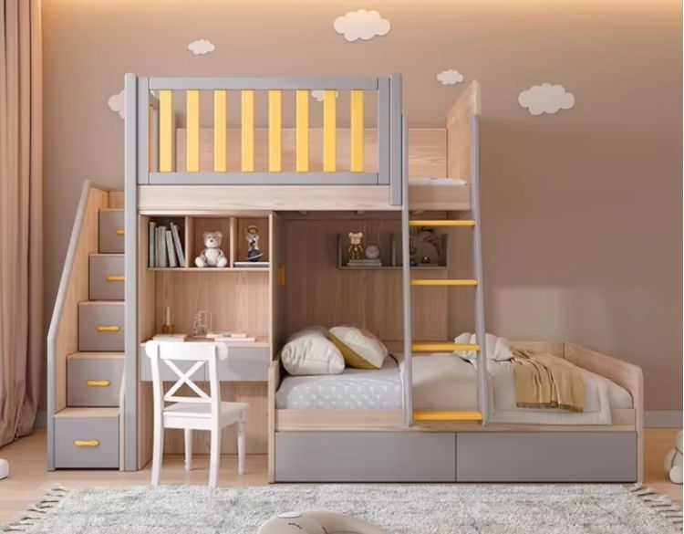 Solid Wood Interlocking Bunk Beds with Desks and Wardrobes Elevated Children's Beds with Combined Furniture Features
