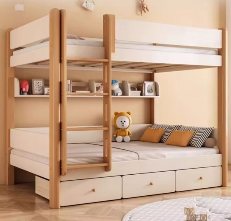 Modern Luxury Two-Layer Multifunctional Bunk Bed Full Solid Beech Wood for Children and Parents for Home and School