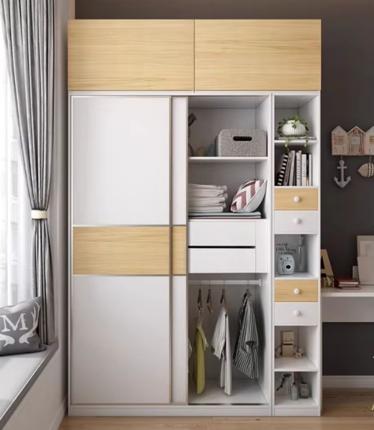 Modern Nordic-Style Two-Door Sliding Wardrobe Minimalist Wooden Color Bedroom Furniture Multifunctional Windbreaker Laundry Use