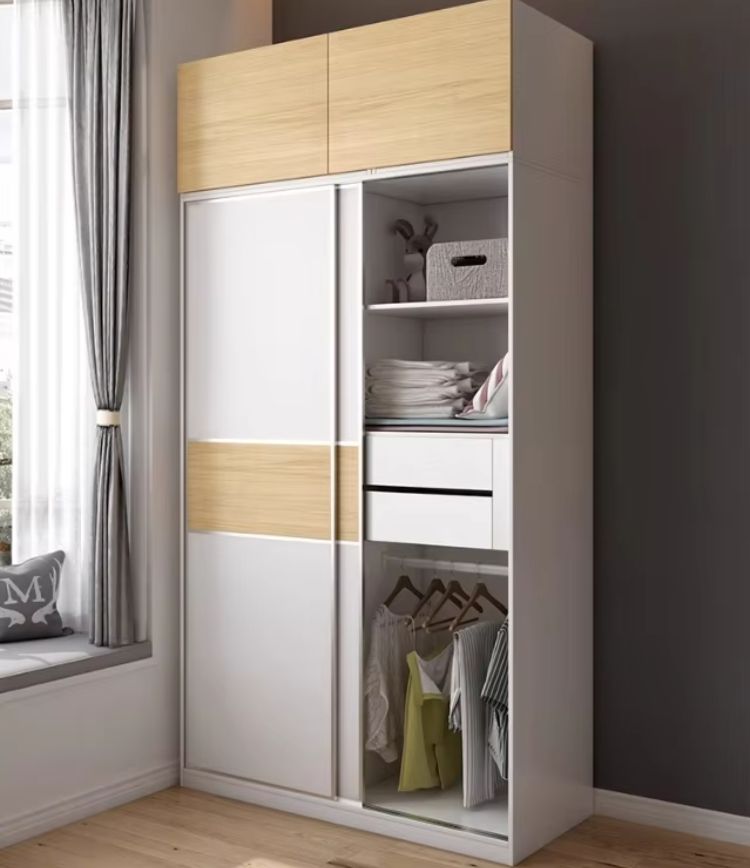 Modern Nordic-Style Two-Door Sliding Wardrobe Minimalist Wooden Color Bedroom Furniture Multifunctional Windbreaker Laundry Use