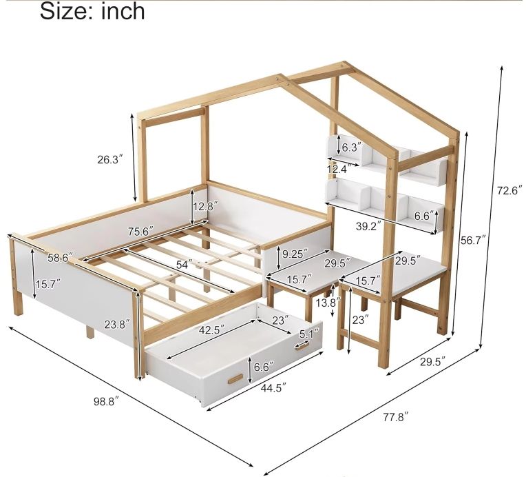 Montessori Full-Size House Bed with Desk Bookshelf