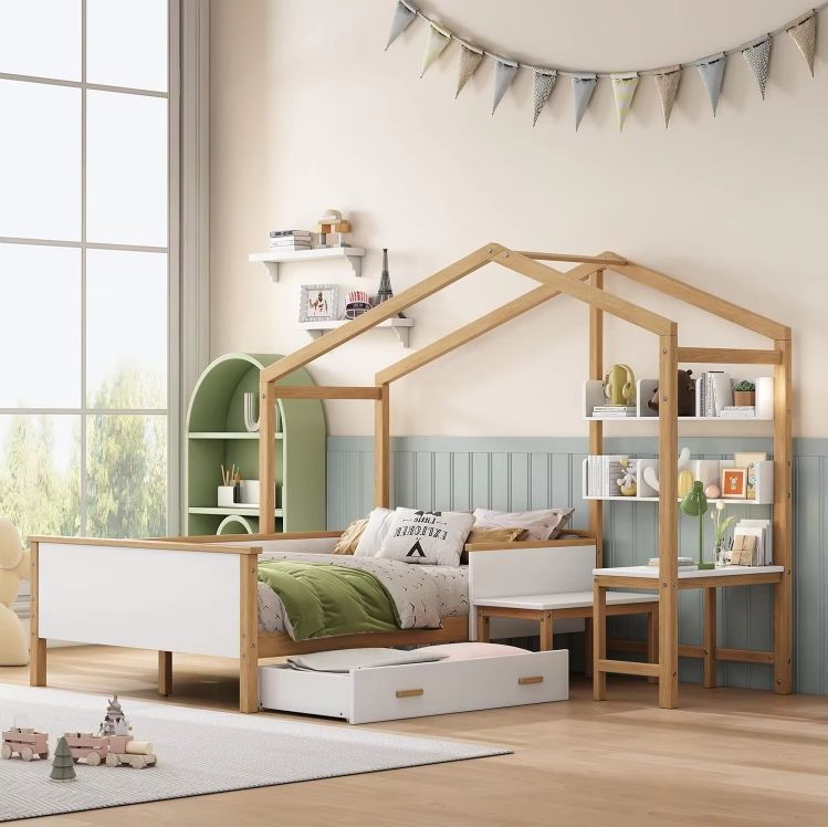 Montessori Full-Size House Bed with Desk Bookshelf