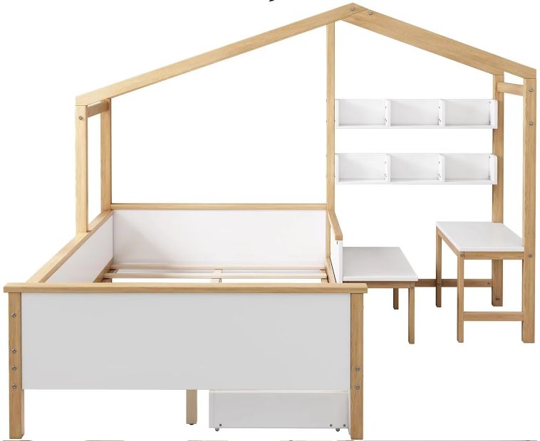 Montessori Full-Size House Bed with Desk Bookshelf