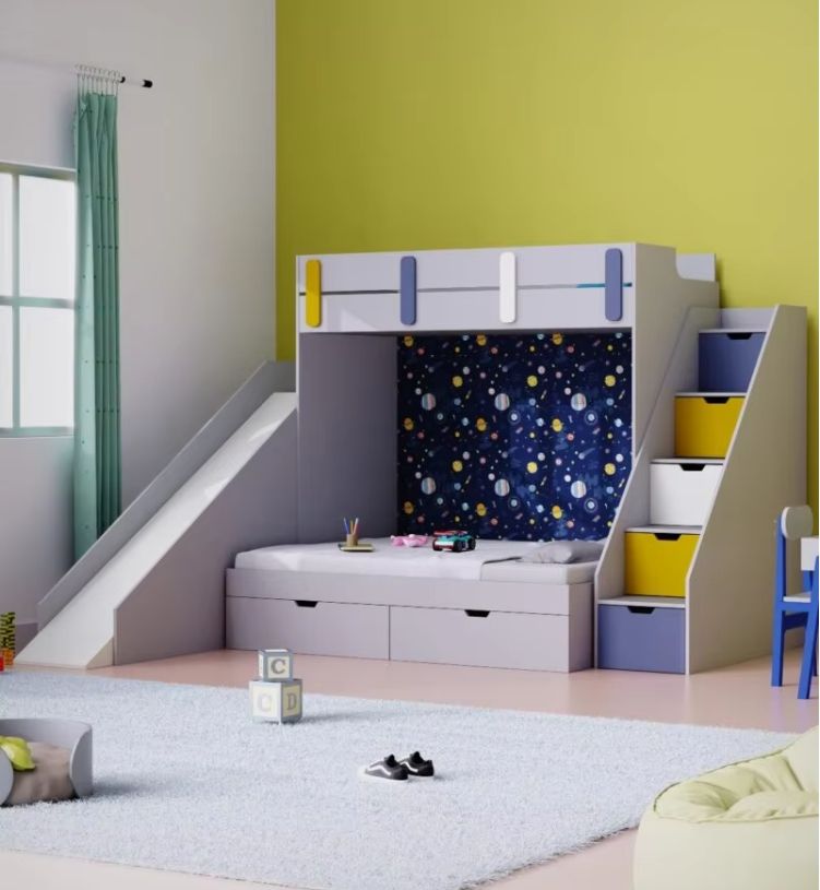 Interchangeable Stickers Luxury Customizable Twin Wooden Bunk Bed with Storage Cabinet Stairs for Kids Modern MDF Material