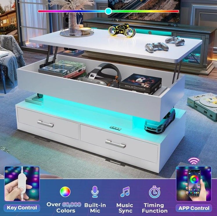 LED Light Lift Top Coffee Table with 2 Fabric Drawers for Home Use for Small Living Room Dining Reception or Office