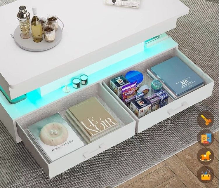 LED Light Lift Top Coffee Table with 2 Fabric Drawers for Home Use for Small Living Room Dining Reception or Office