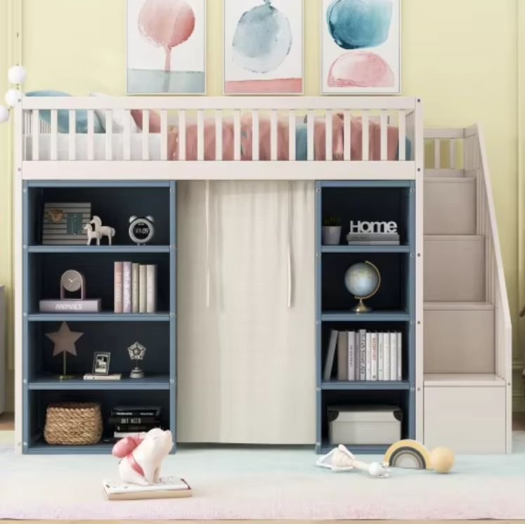 Modern Full-Size Loft Bed for Kids 2 Solid Wood Four-Layer Storage Cabinets and a Hanging Curtain Included