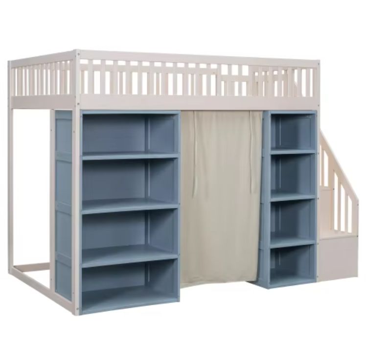 Modern Full-Size Loft Bed for Kids 2 Solid Wood Four-Layer Storage Cabinets and a Hanging Curtain Included