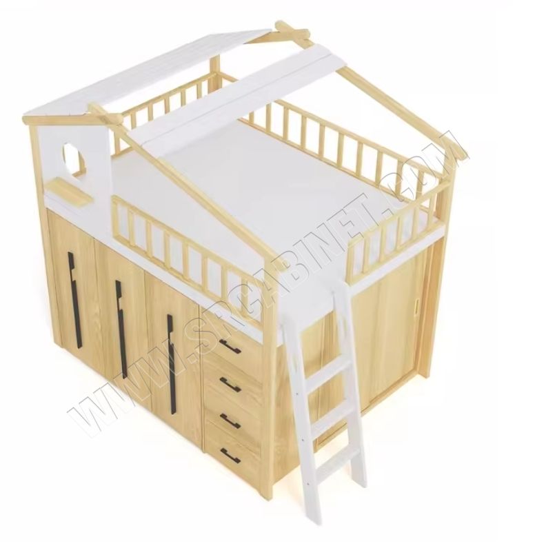 Customized Children's Solid Wood Treehouse Bed with Thick Bottom Cabinet Small-Sized Wooden House Wardrobe Bed
