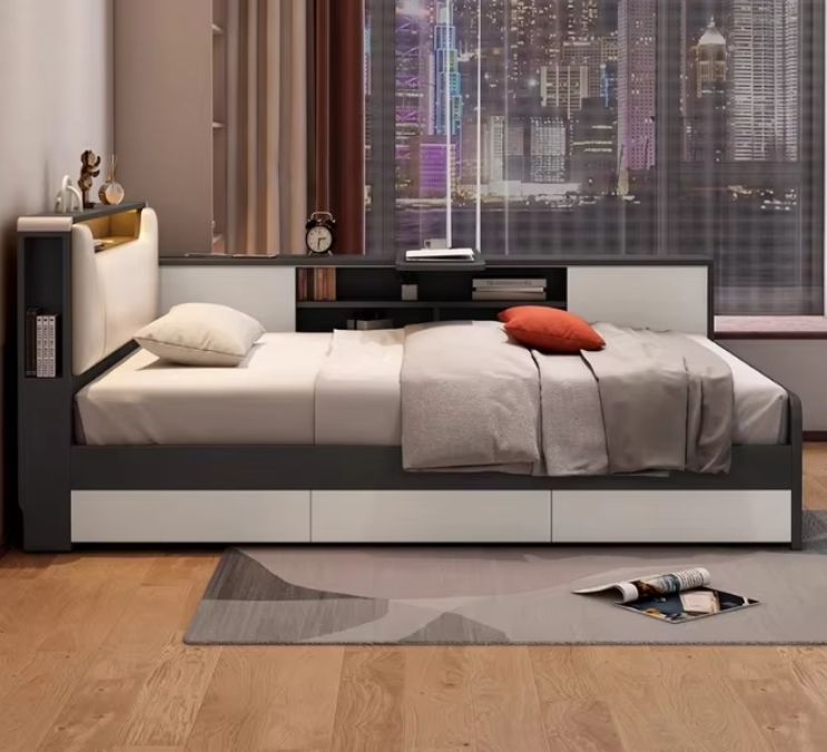 Modern Minimalist 1M Children's Single Bed with High Box Storage 1.5M Tatami Storage Board Bed Wood Panel Style