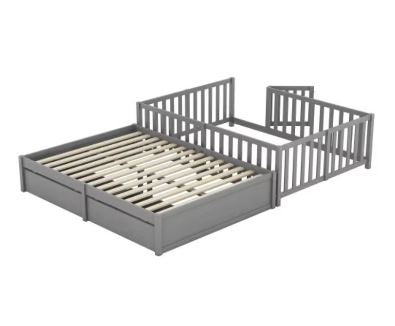 Good Quality Solid Wood Queen Size Children Bed Comes With A Detachable Fence And Two Drawers Montessori Floor Bed